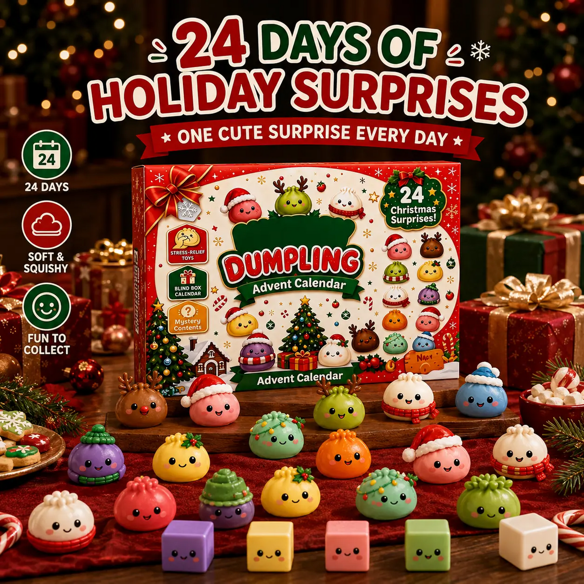 Christmas Advent Calendar 2026, 24-Day Mystery Dumpling Squishy Toys, Cute Stress Relief Fidget Toys, Mini Collectible Figures, Christmas Countdown Gifts for Kids & Adults