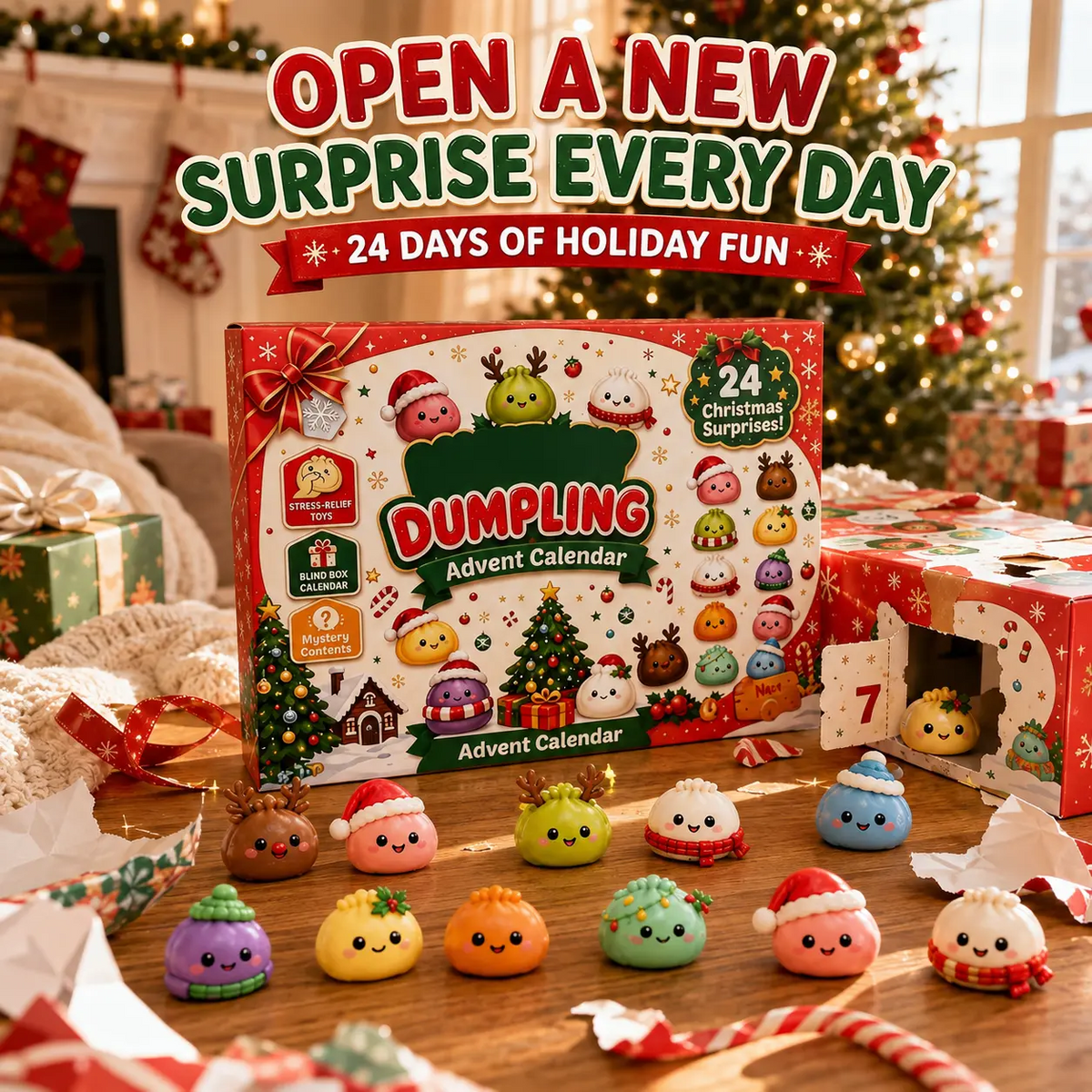 Christmas Advent Calendar 2026, 24-Day Mystery Dumpling Squishy Toys, Cute Stress Relief Fidget Toys, Mini Collectible Figures, Christmas Countdown Gifts for Kids & Adults