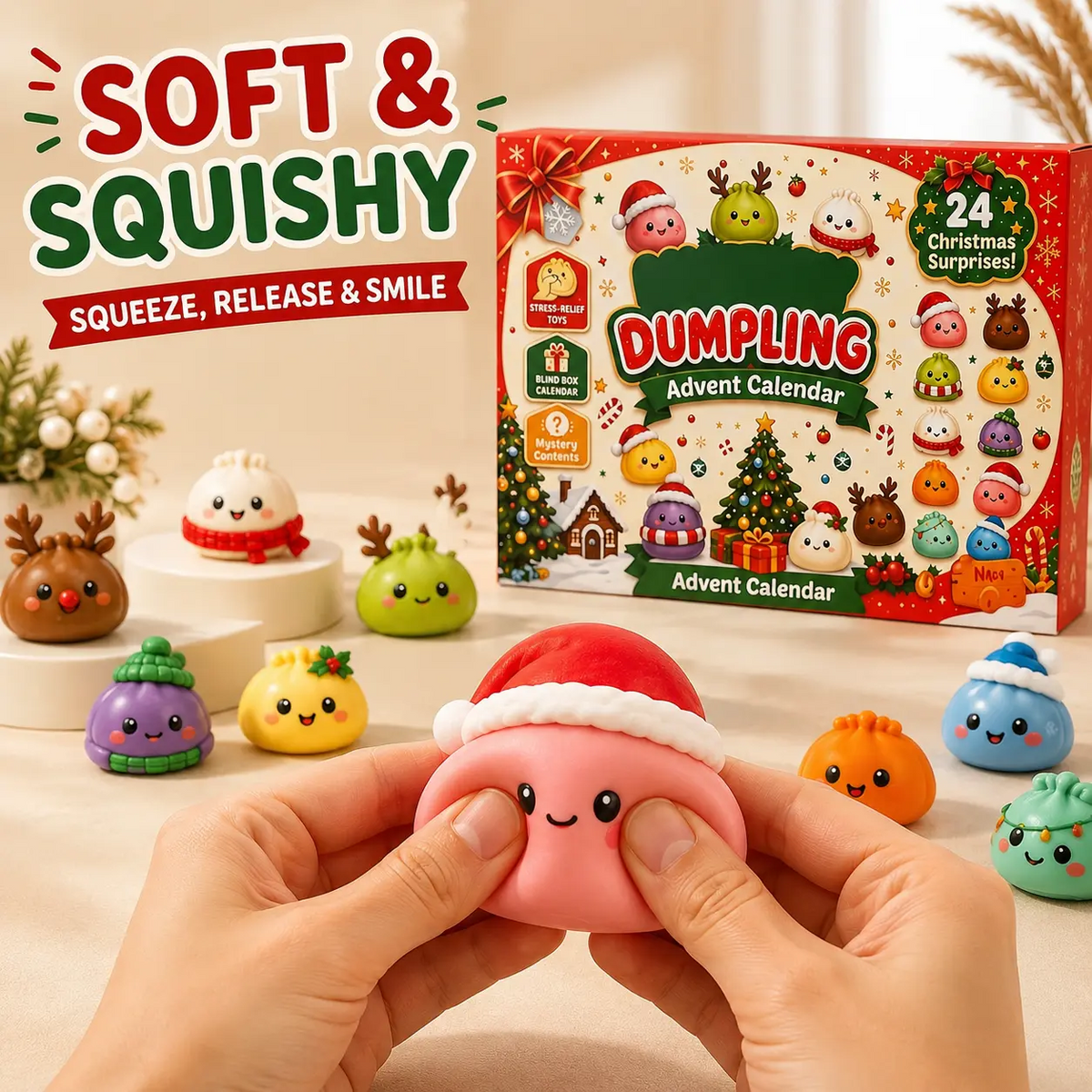 Christmas Advent Calendar 2026, 24-Day Mystery Dumpling Squishy Toys, Cute Stress Relief Fidget Toys, Mini Collectible Figures, Christmas Countdown Gifts for Kids & Adults
