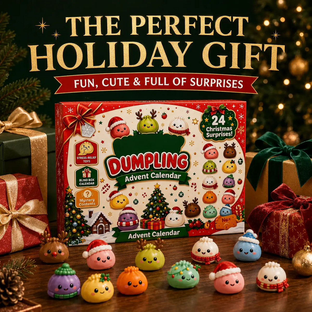 Christmas Advent Calendar 2026, 24-Day Mystery Dumpling Squishy Toys, Cute Stress Relief Fidget Toys, Mini Collectible Figures, Christmas Countdown Gifts for Kids & Adults
